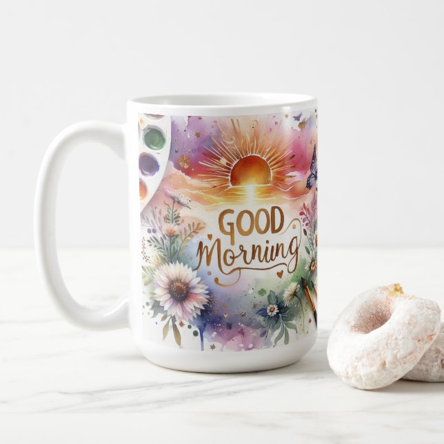 good morning water color  coffee mug (With Donut)