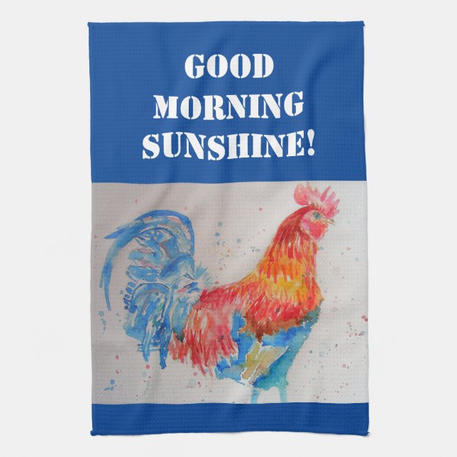 Good Morning Watercolor Red Rooster Kitchen Towel (Vertical)