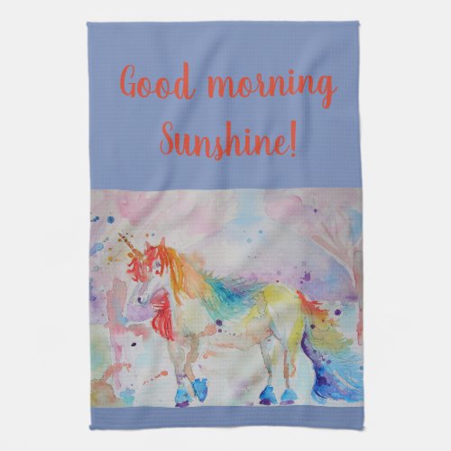 Good Morning Watercolor Unicorn Art Kitchen Towel