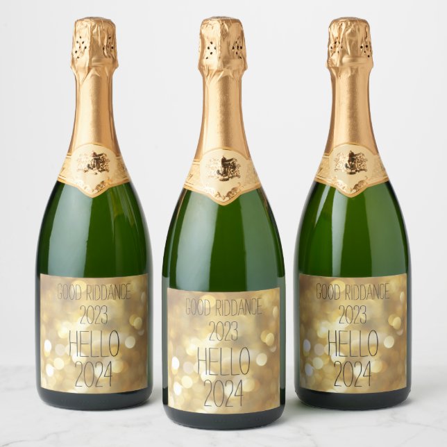 Good Riddance 2023, Hello 2024  Gold Glam New Year Sparkling Wine Label (Bottles)
