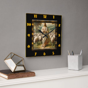 Good Shepherd John 10:7 Peaceful Shepherd Field Square Wall Clock