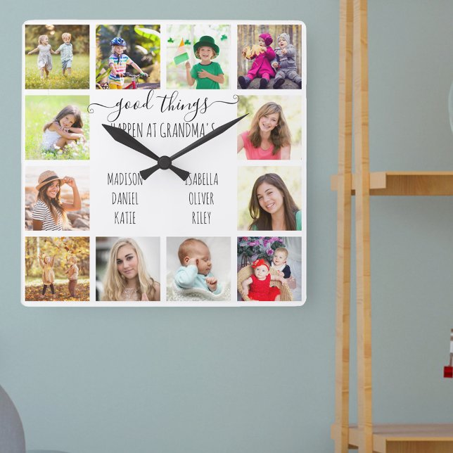 Good Things Happen at Grandma's 12 Photo White Square Wall Clock (Grandparent photo gift with grandkids names and photos)