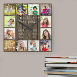 Good Things Happen at Grandma's 12 Photo Wood Look Square Wall Clock<br><div class="desc">Photo clock for grandparents with 12 of your favorite pictures. Create your own grid style photo collage and add the grandchildren's names (2 to 8 names looks best). The quote reads "good things happen at grandma's". The design is lettered in handwritten and whimsical typography on a rustic country wood look...</div>
