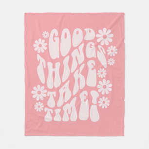 Good Things Take Time Retro Flowers Fleece Blanket