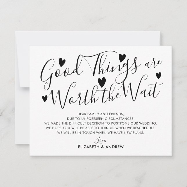 Good Things Worth The Wait Wedding Postponement Announcement (Front)