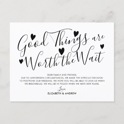 Good Things Worth The Wait Wedding Postponement Announcement Postcard