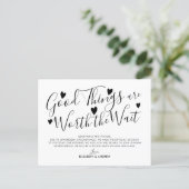 Good Things Worth The Wait Wedding Postponement Announcement Postcard (Standing Front)