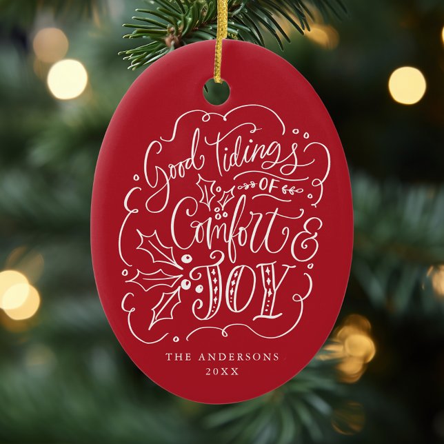 Good Tidings of Comfort & Joy Typography Red Photo Ceramic Ornament (Creator Uploaded)
