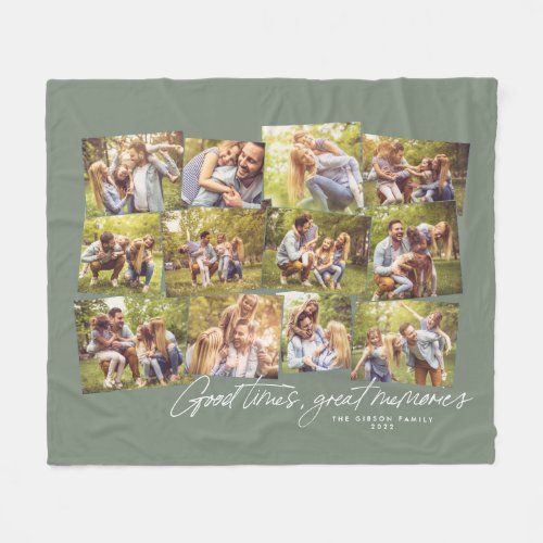 Good times great memories green 12 photo collage fleece blanket