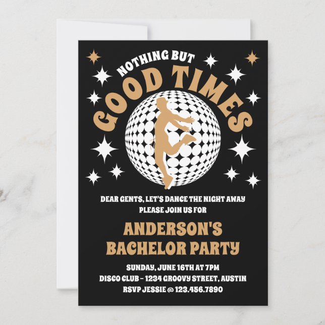Good Times Groovy Black & Gold Bachelor Party  Invitation (Front)