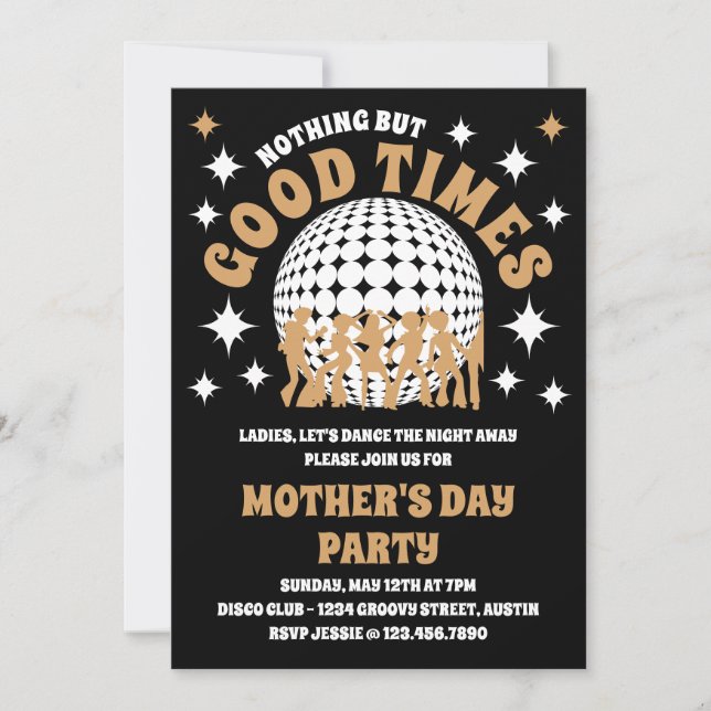 Good Times Groovy Black & Gold Mother's Day Party Invitation (Front)