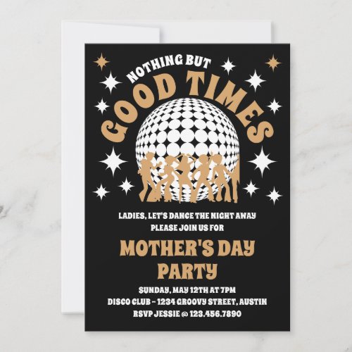 Good Times Groovy Black  Gold Mothers Day Party Invitation