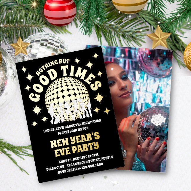 Good Times Groovy Black New Year's Eve Party Photo Foil Invitation (Creator Uploaded)