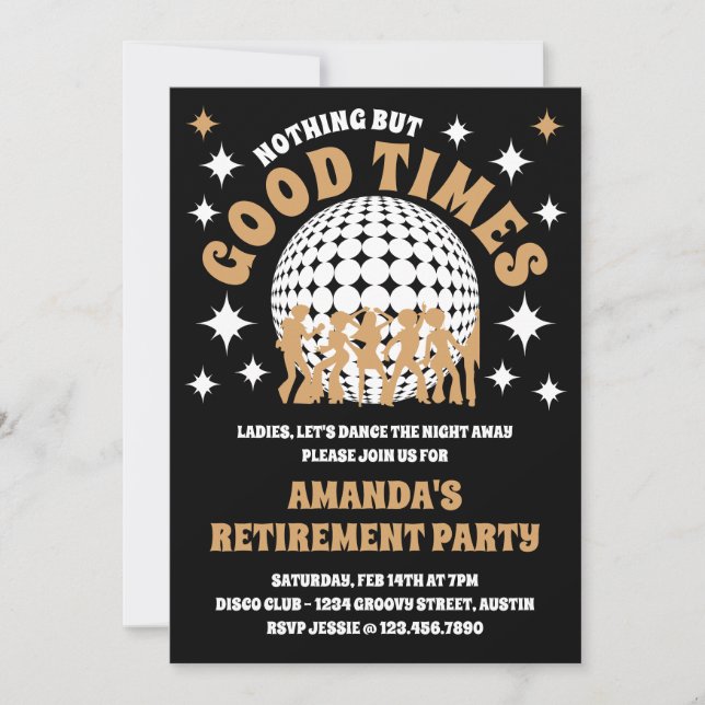 Good Times Groovy Black Retirement Party Photo Invitation (Front)
