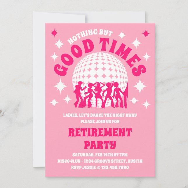 Good Times Groovy Pink Retirement Party Invitation (Front)