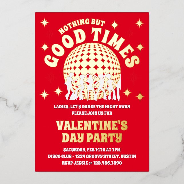 Good Times Groovy Red Valentine's Day Party Photo Foil Invitation (Front)