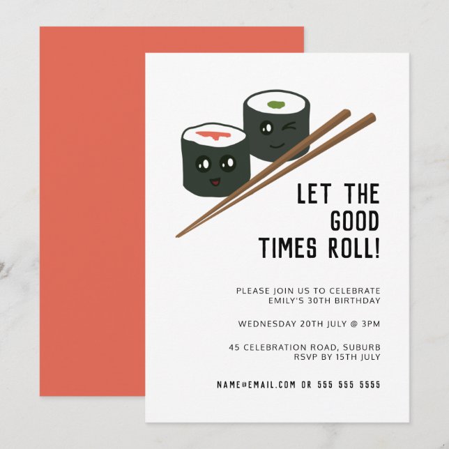 Good Times Roll Kawaii Sushi Any Age Birthday Invitation (Front/Back)