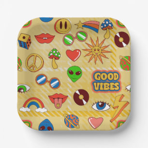 good vibes alien groovy pop art 1970s plaid paper plates
