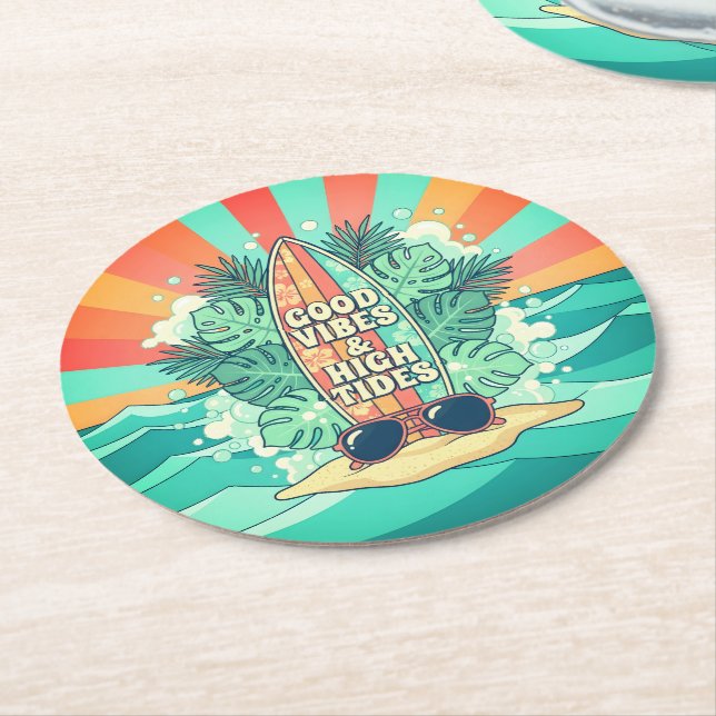 Good Vibes and High Tides Round Paper Coaster (Angled)