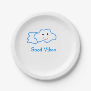 Good vibes blue smiling clouds emoji kids add name paper plates