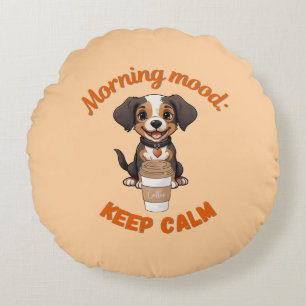Good Vibes & Coffee – Playful Puppy Digital Artwor Round Pillow