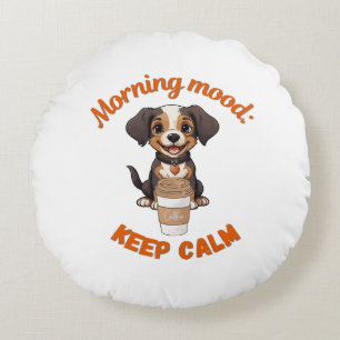 Good Vibes & Coffee – Playful Puppy Digital Artwor Round Pillow