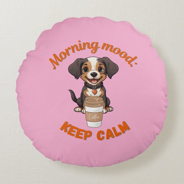 Good Vibes & Coffee – Playful Puppy Digital Artwor Round Pillow (Front)