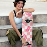 Good Vibes Girly Pastel Pink White Checkered Skateboard<br><div class="desc">This fun skateboard features a pastel pink and white checkerboard design. The pattern has a wavy distortion to it, giving a fun and youthful vibe. The slogan says 'good vibes' in a chunky retro font with a drop shadow - edit text as needed. A great gift for your teen daughter....</div>