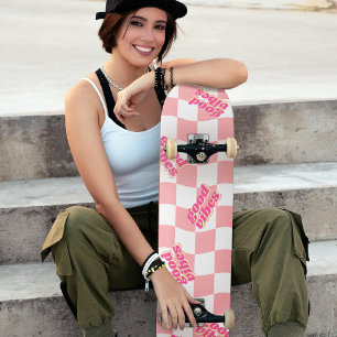 Good Vibes Girly Pastel Pink White Checkered Skateboard