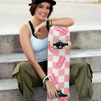 Good Vibes Girly Pastel Pink White Checkered Skateboard