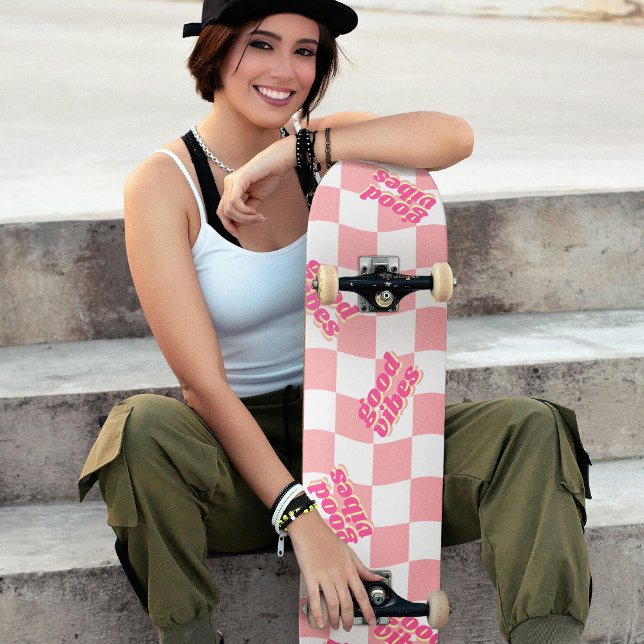 Good Vibes Girly Pastel Pink White Checkered Skateboard (Good Vibes Girly Pastel Pink White Checkered Skateboard)