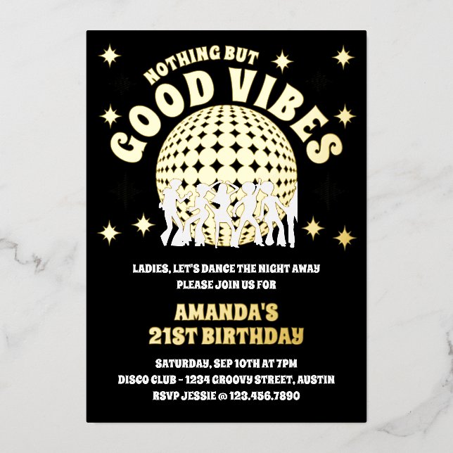 Good Vibes Groovy Black Gold Birthday Party Photo Foil Invitation (Front)