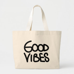 Good Vibes Inspirational Motivational Quote Black Large Tote Bag