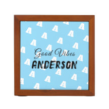Good Vibes Monogram With Name Black on Soft Blue