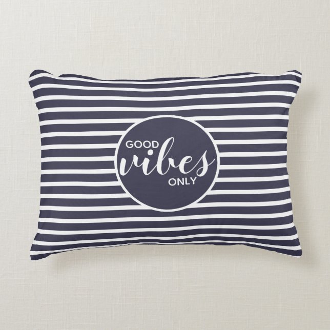 Good Vibes Only Blue and White Typography Quote Accent Pillow (Front)