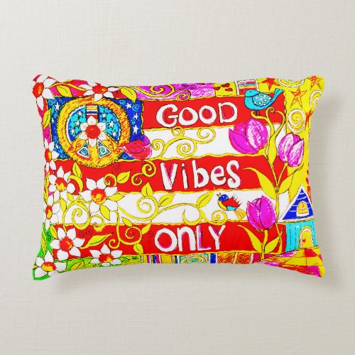 Good Vibes Only Boho Peace Sign Daisies Flag Accent Pillow
