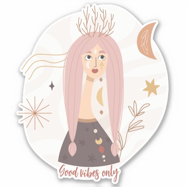 Good vibes only boho woman flowers moon  sticker (Front)