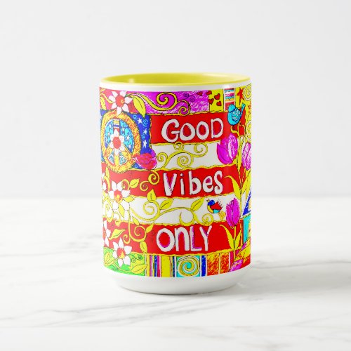 Good Vibes Only Daisies Peace sign Flag Stars Mug