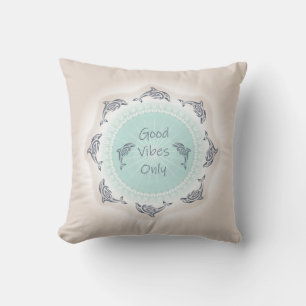 Good Vibes Only Dolphins Tan Mint Coastal Throw Pillow