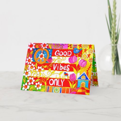 Good Vibes Only Peace Sign and Daisies Hippie Card