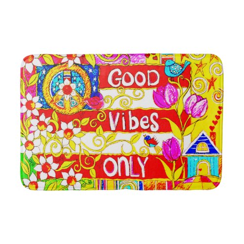 Good Vibes Only Peace Sign Flag Daisies Art Bath Mat