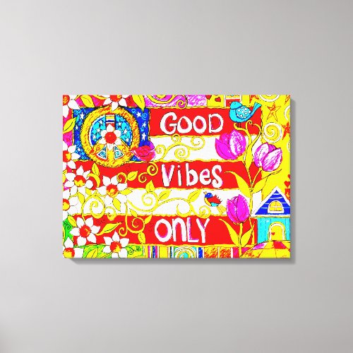 Good Vibes Only Peace Sign Flag Daisies Hearts Canvas Print