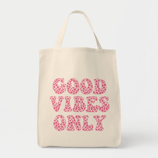 Good Vibes Only - Pink Leopard Print Cute Girls Tote Bag (Front)