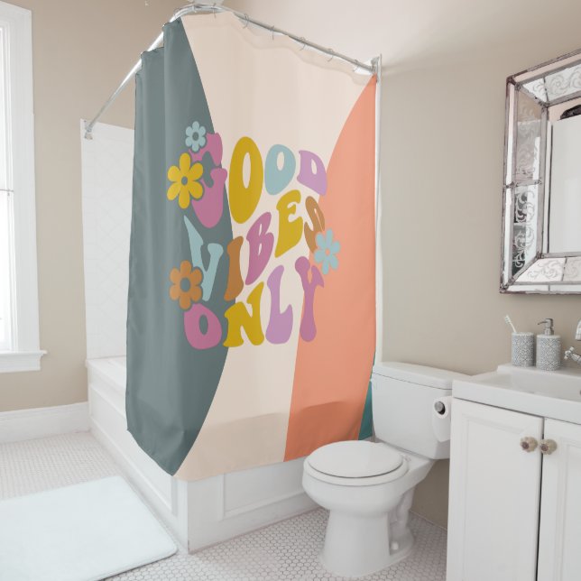 Good Vibes Only Quote Retro 60s Hippie Design Shower Curtain (In Situ)