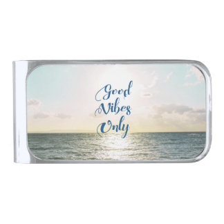 "Good Vibes Only" Quote Typography Sea Sun Silver Finish Money Clip