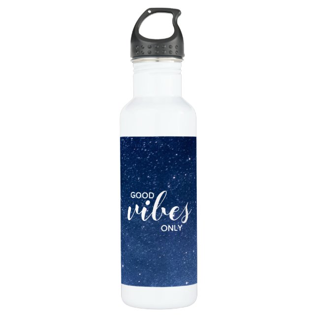 Good Vibes Only Quote Typography Stars Galaxy Stainless Steel Water Bottle (Front)