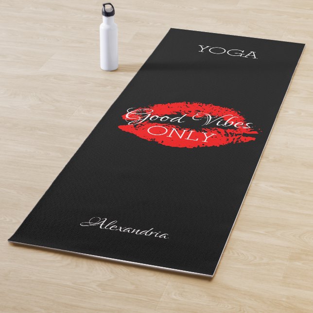Good Vibes Only Red Lips Graphic Any Name Black Yoga Mat (In Situ)