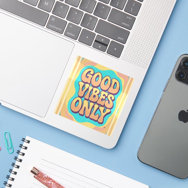 Good vibes only retro groovy style sticker (Laptop w/ iPhone)
