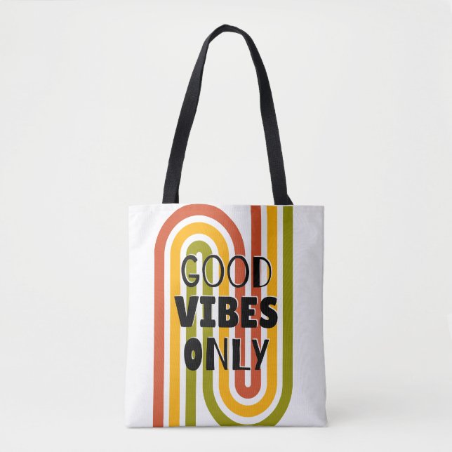 'Good Vibes Only' Retro Rainbow  Tote Bag (Front)
