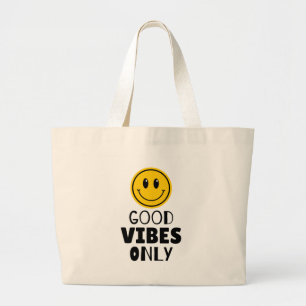 'Good Vibes Only' Retro Smiley Face Large Tote Bag